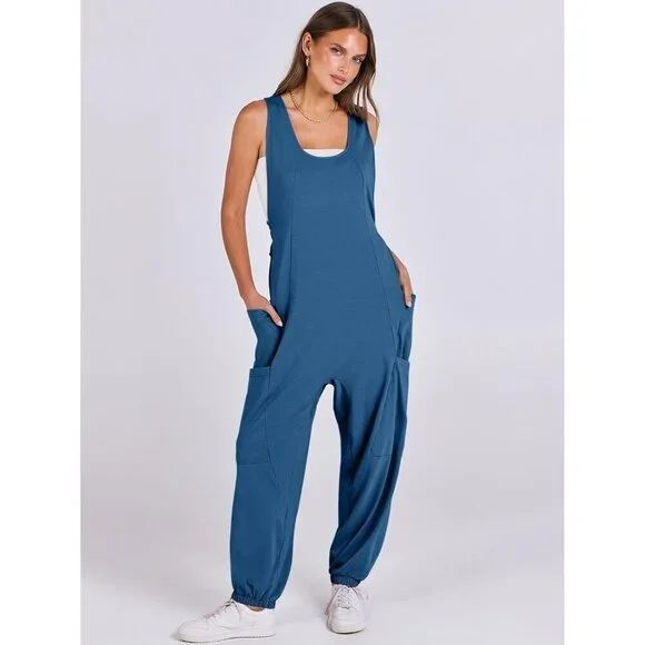Women Deep Blue Overall Jumpsuit Loose Casual Dressy Sleeveless Baggy Romper - Picture 2 of 6